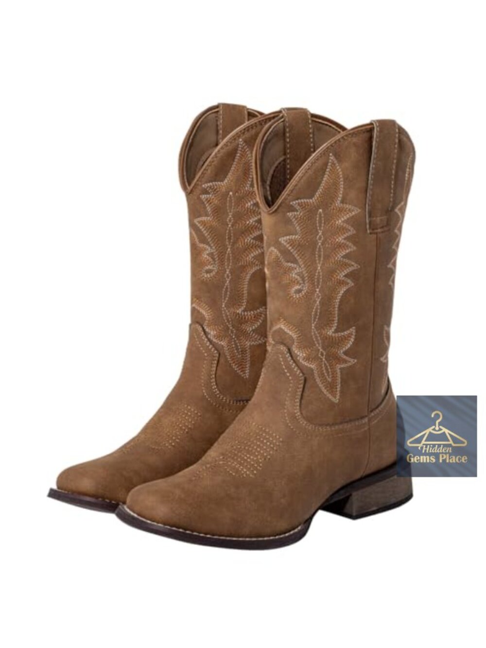 Cowboy Boots Square Toe Western Mid-Calf Faux Leather Pull-On Block Heel